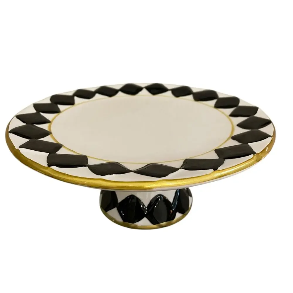 Almeria 8in Checkered Cake Stand Black White Ceramic MacKenzie Style Decor New